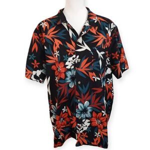 GOODFELLOW & CO BLACK & ORANGE FLORAL HAWAIIAN SHIRT SZ. XL EUC